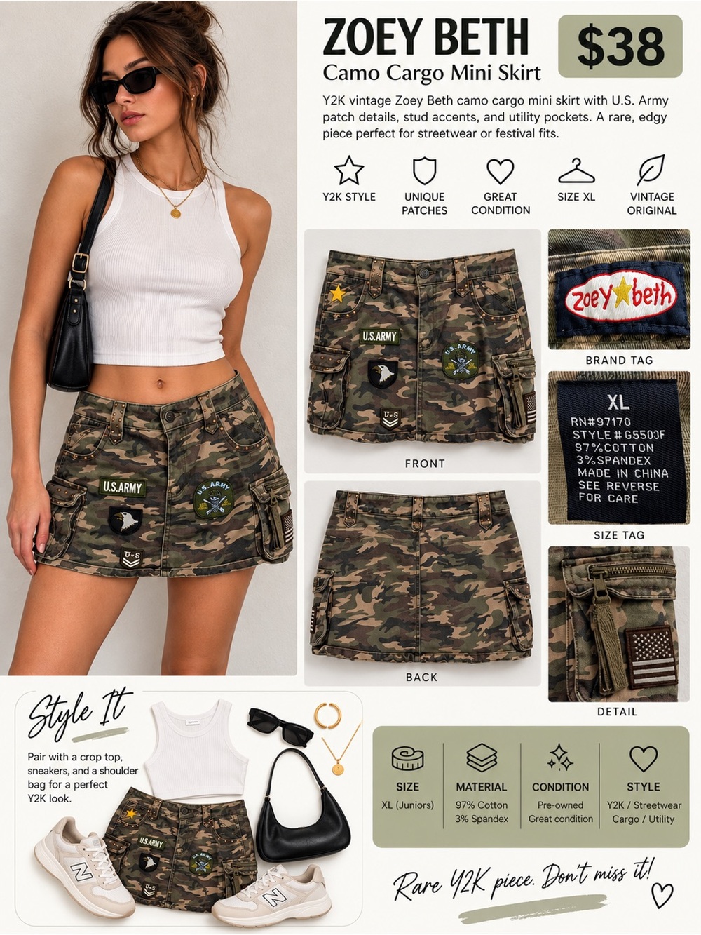 Zoey Beth Green Camo Cargo Mini Skirt